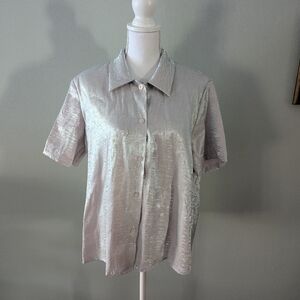 Vintage 90s Women's Large Shiny Sheen Muted Lilac Short Sleeve Button Blouse